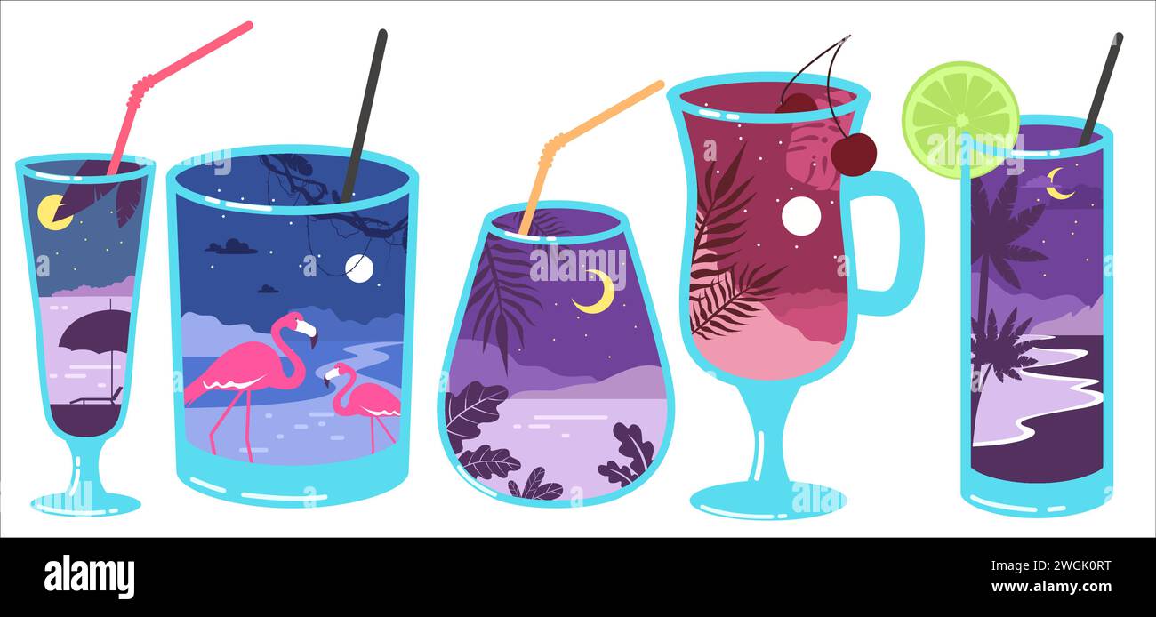 Cocktail estivi serviti con spiaggia tropicale durante la bella notte Illustrazione Vettoriale