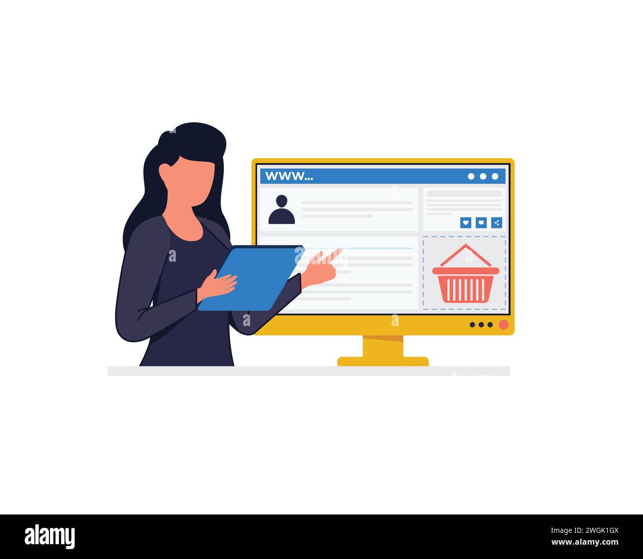 Donna d'affari che tiene un discorso che mostra il sito web per la schermata di presentazione marketing. Concetto di gestione aziendale. Moderno vettoriale a colori in stile piatto Illustrazione Vettoriale