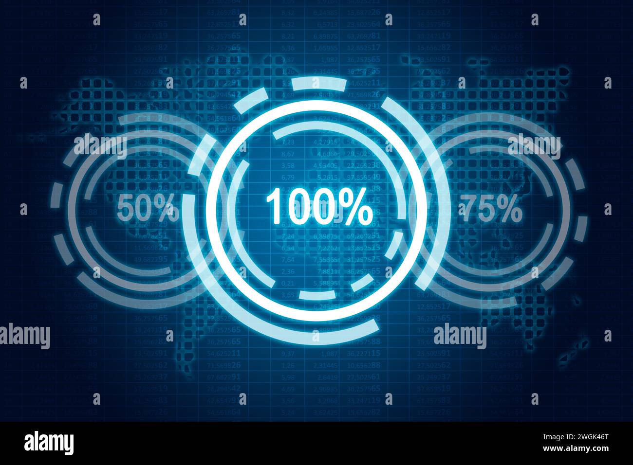Foglio di calcolo astratto, dati analitici e grafici percentuali su schermo digitale. Analisi e scambio. rendering 3d. Foto Stock