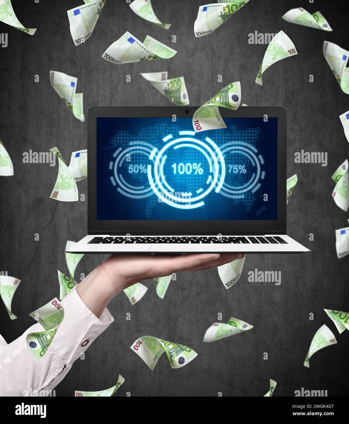 Un uomo d'affari ha un notebook con foglio di precalcolo, dati analitici e grafici percentuali. Calo delle banconote in euro. Analisi e scambio. Primo piano Foto Stock