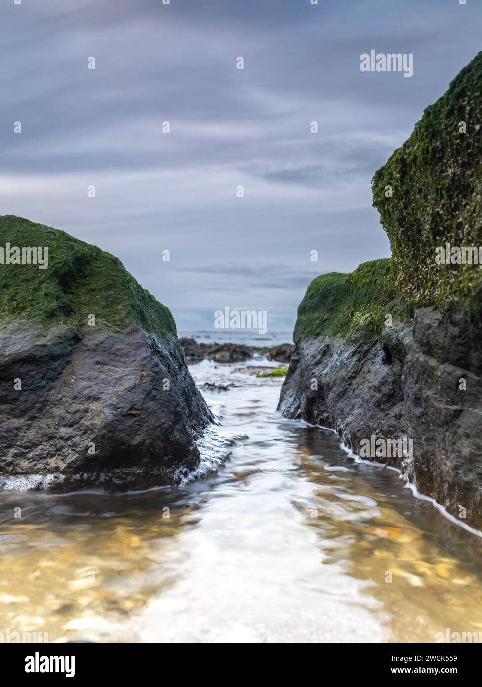 Attraverso le rocce fino al Mare di Wadden. L'acqua che si ritira si fa strada attraverso le pietre per raggiungere l'acqua aperta. Foto Stock