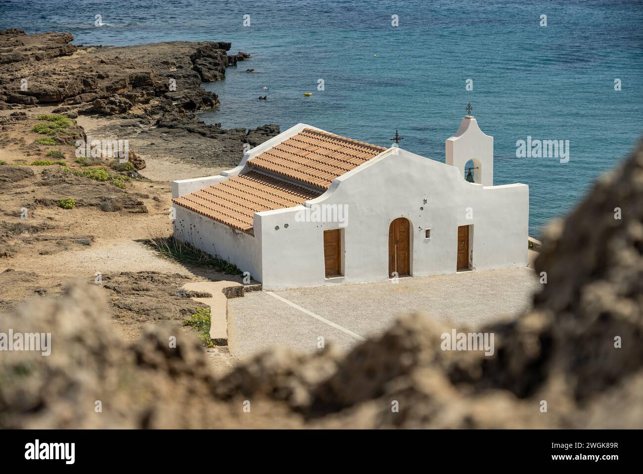 Chiesa di San Nicola ad Ano Vasilikos a Zante. St Nicholas Beach. Foto della Grecia, Zante, chiesa di Agios Nikolaos in estate. Foto Stock