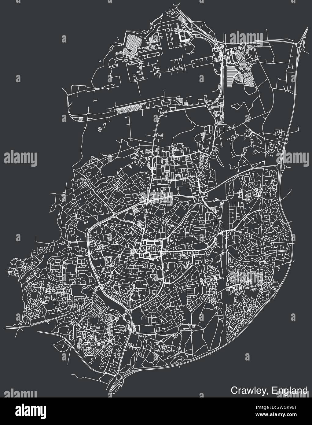 Strade stradali cartina della città britannica di CRAWLEY, INGHILTERRA Illustrazione Vettoriale