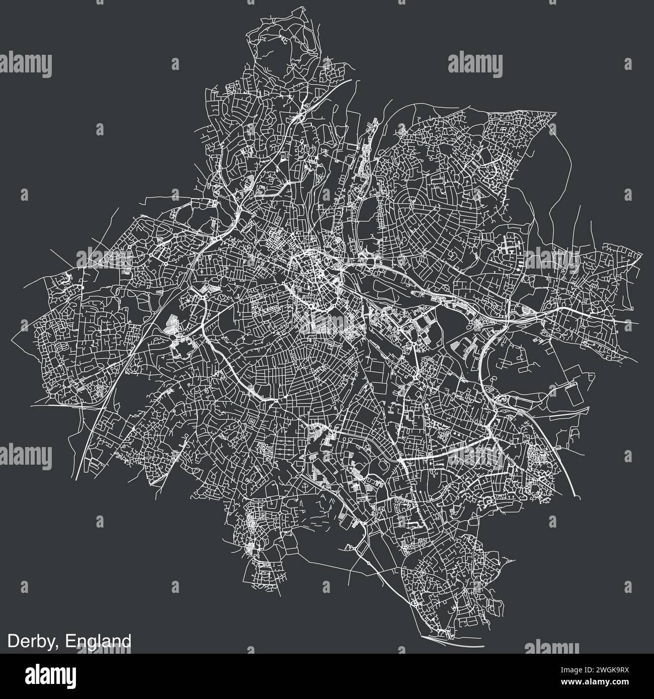 Strade stradali mappa della città britannica di DERBY, INGHILTERRA Illustrazione Vettoriale