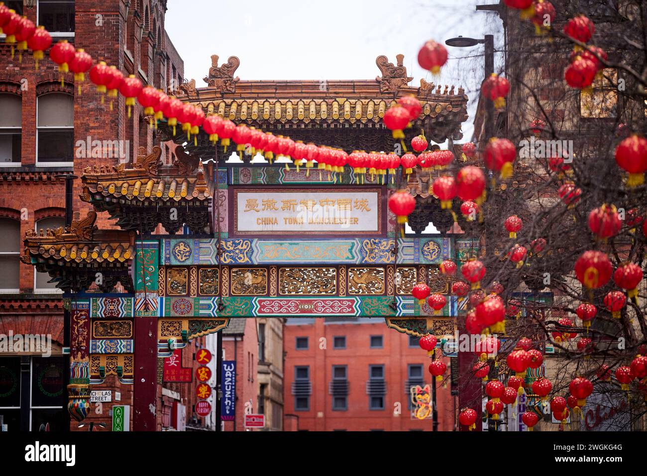 Manchester China Town decorata con lanterne, Foto Stock