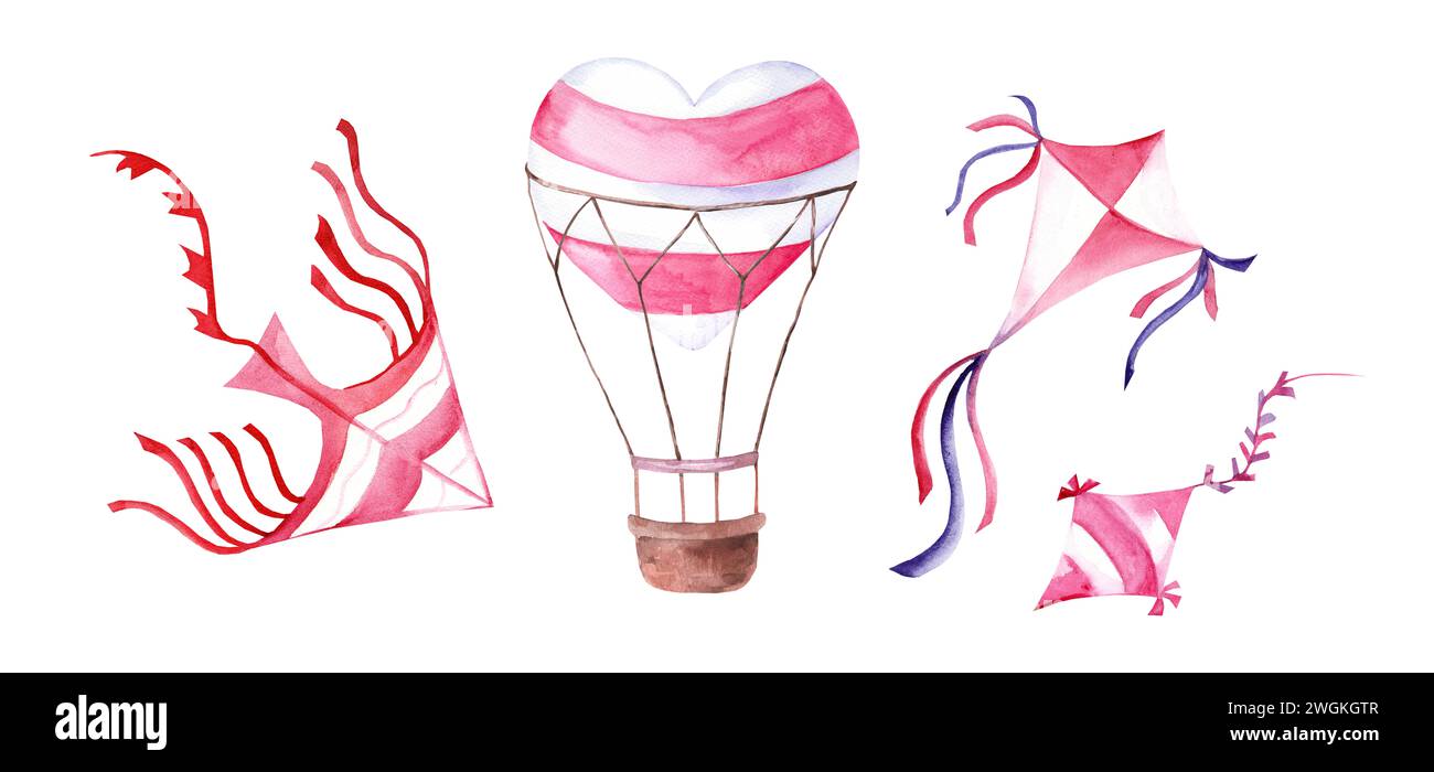 Serie di illustrazioni di aquiloni e palloncini isolati su sfondo bianco. Delicati disegni rosa per decorare la stanza dei bambini e la tessera Foto Stock