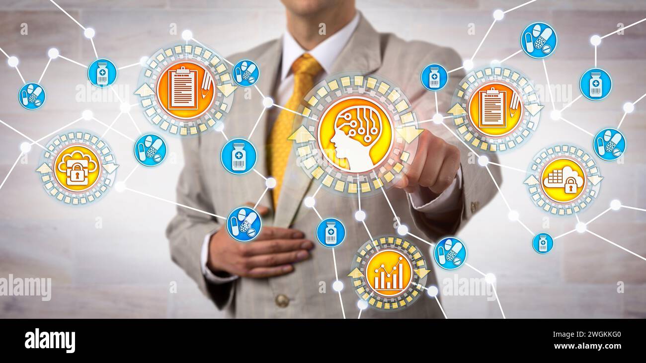 Contabile aziendale non riconoscibile che avvia un'app di intelligenza artificiale. Concetto del settore farmaceutico per l'utilizzo dell'intelligenza artificiale per l'elaborazione dei complimenti Foto Stock