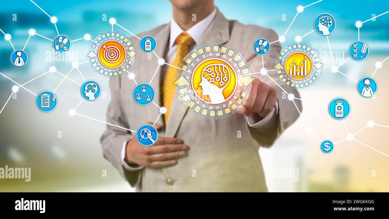 Un marketer farmaceutico irriconoscibile sta iniziando l'intelligenza artificiale. Concetto del settore farmaceutico per vendite e marketing basate sull'intelligenza artificiale, apprendimento automatico Foto Stock