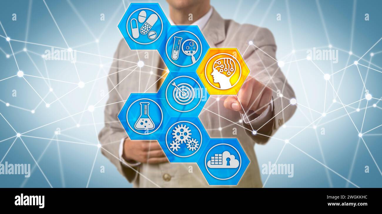 Un dirigente di un'impresa farmaceutica maschile irriconoscibile sta aggiungendo una soluzione basata sull'intelligenza artificiale al processo di ricerca e sviluppo. Metafora dell'IA biofarmaceutica per artifici Foto Stock