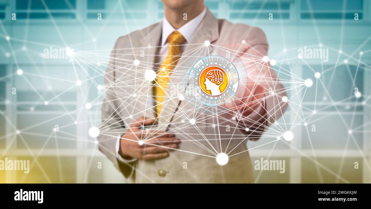 Un dirigente aziendale irriconoscibile sta accedendo a un'app di intelligenza artificiale in una rete di comunicazione. Concetto di informatica, apprendimento profondo e automatico, artif Foto Stock