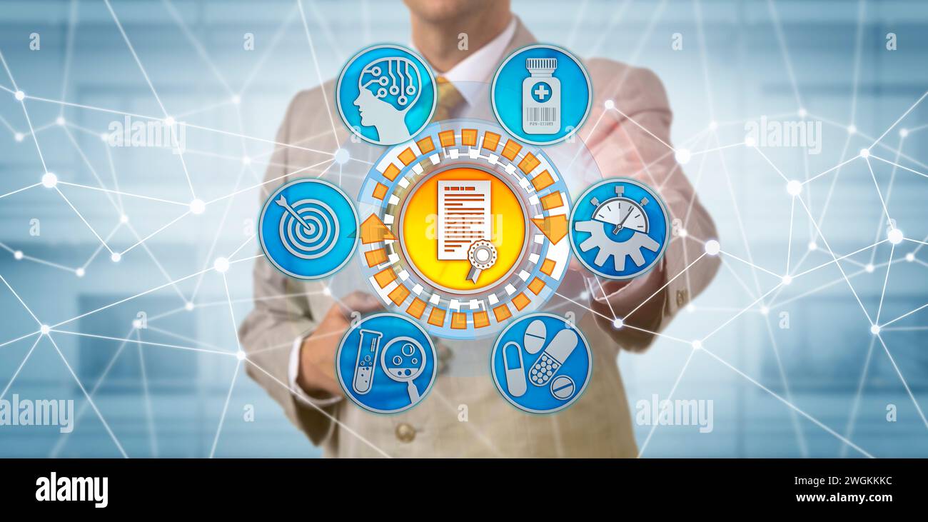 commissario aziendale non riconoscibile che avvia l'approvazione del farmaco per la vendita. Concetto del settore farmaceutico per la valutazione, la convalida e la salvaguardia dei farmaci Foto Stock