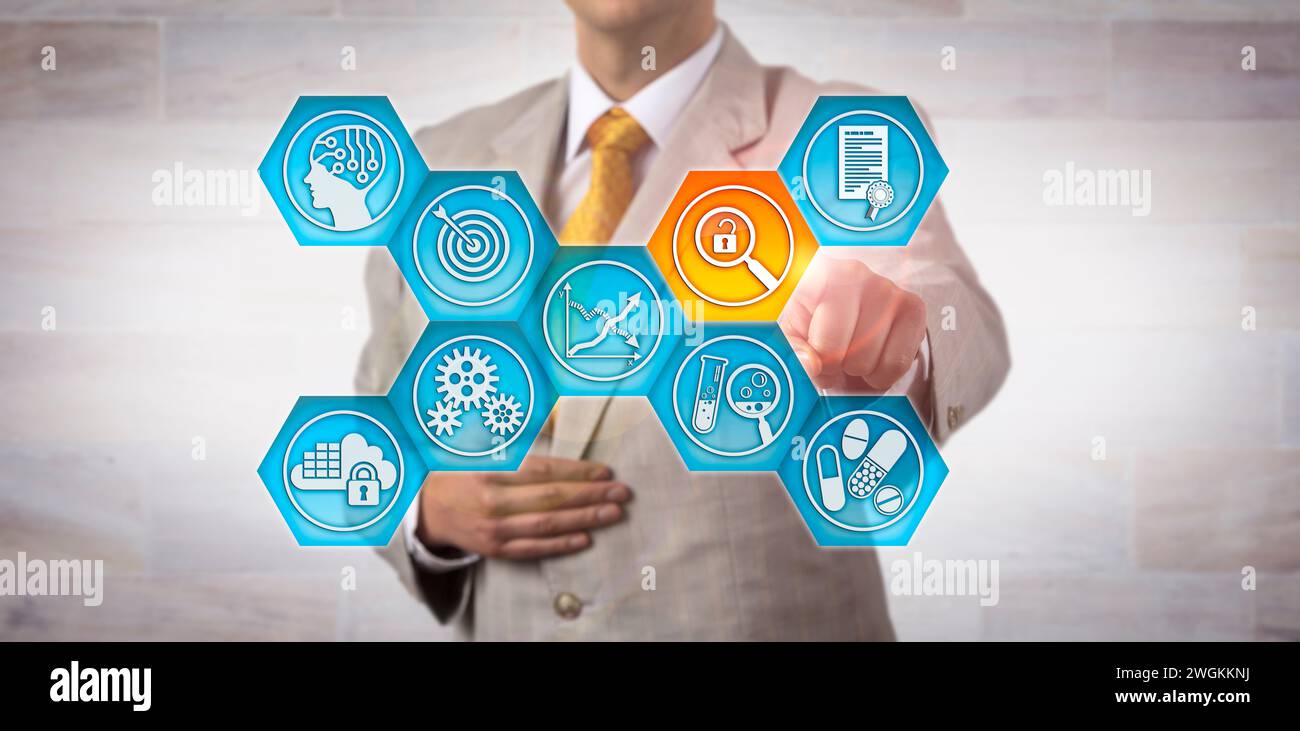 Sperimentatore non riconoscibile che trova un rischio di integrità dei dati in un'app di laboratorio farmaceutico. Concetto dell'industria farmaceutica per un maggiore controllo normativo, voln Foto Stock