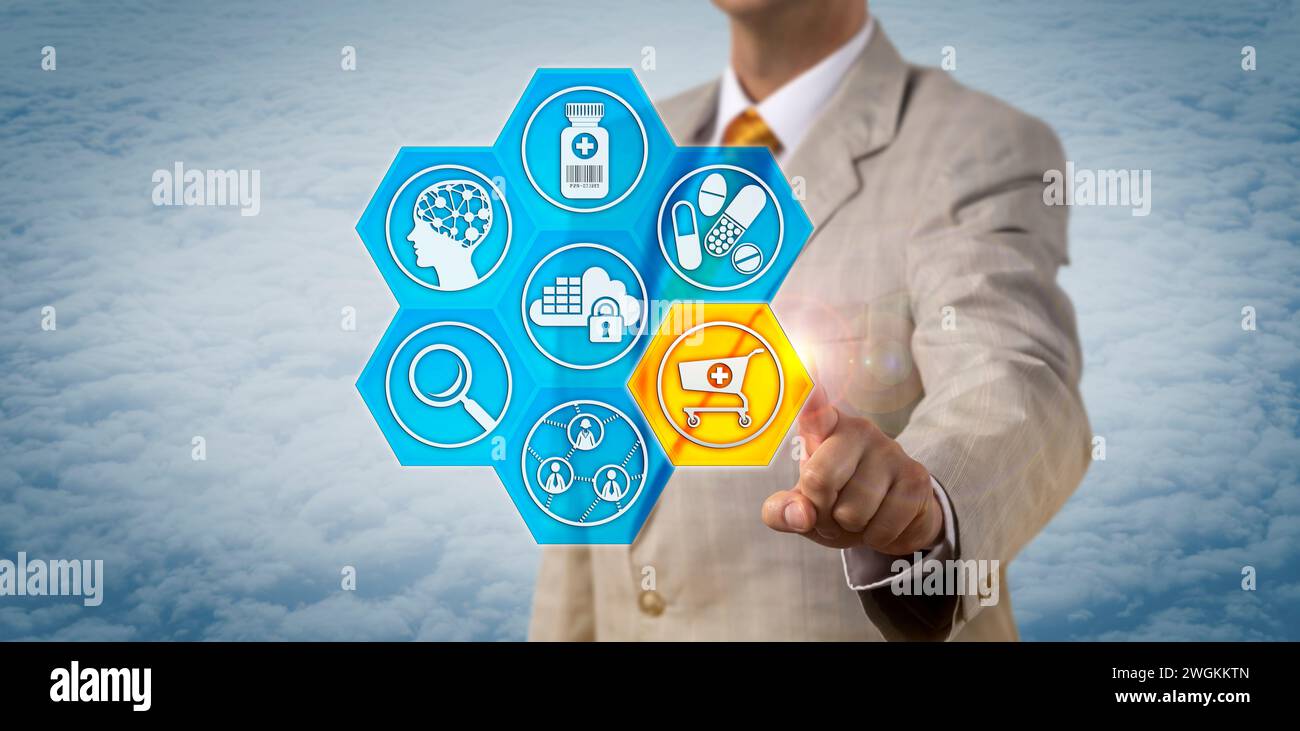 Marketing farmaceutico non riconoscibile che avvia un carrello elettronico. Concetto di marketing e tecnologia del settore farmaceutico farmacia online Foto Stock