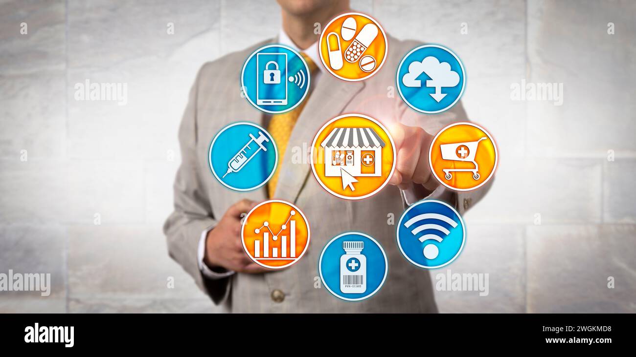 Responsabile del marketing farmaceutico maschile irriconoscibile che avvia una transazione al dettaglio tramite un'applicazione del negozio Web farmaceutico. Concetto per farmacia online, s Foto Stock