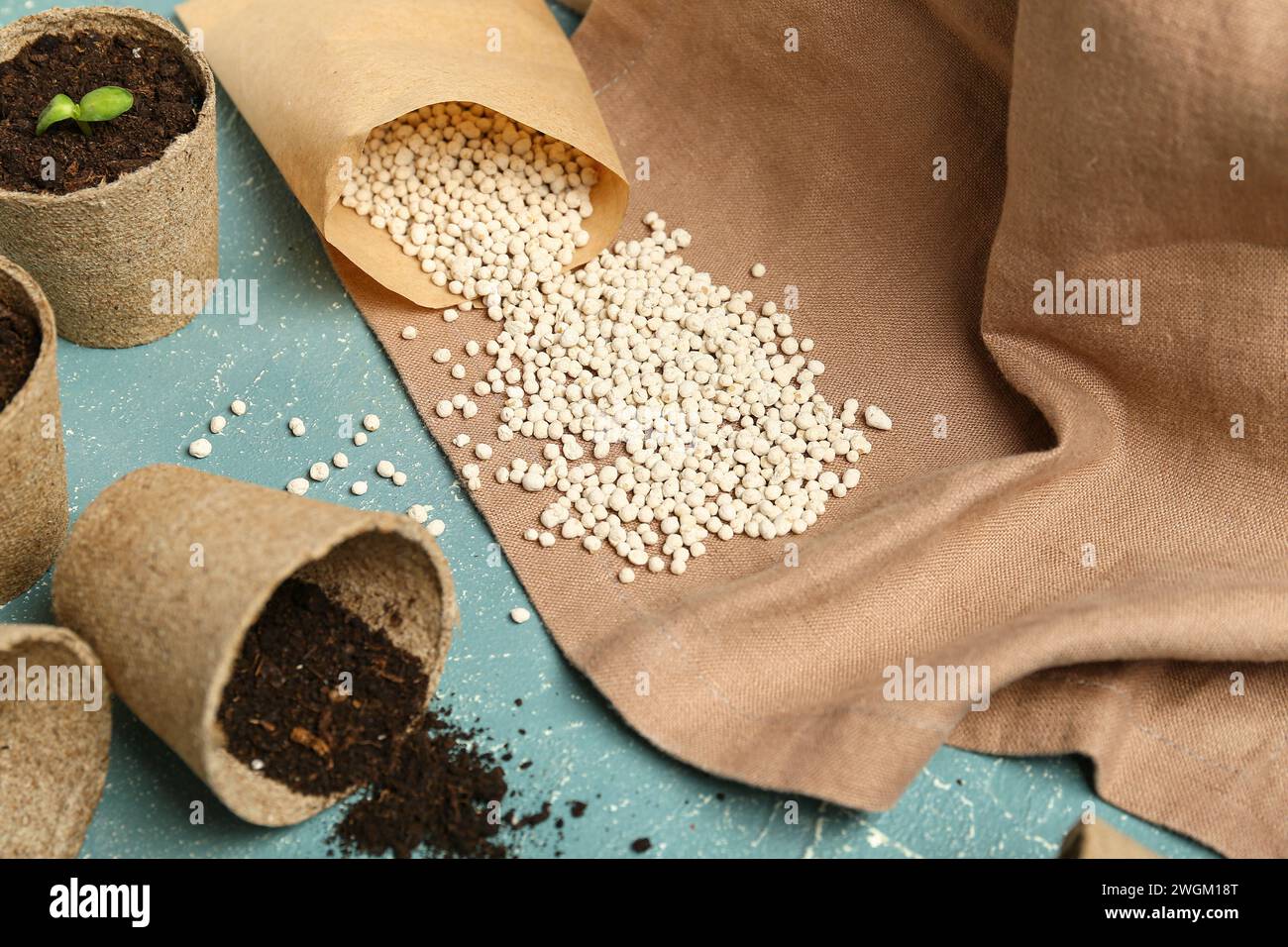 Sacchetto con fertilizzante granulare e pentole di torba su sfondo grunge blu Foto Stock