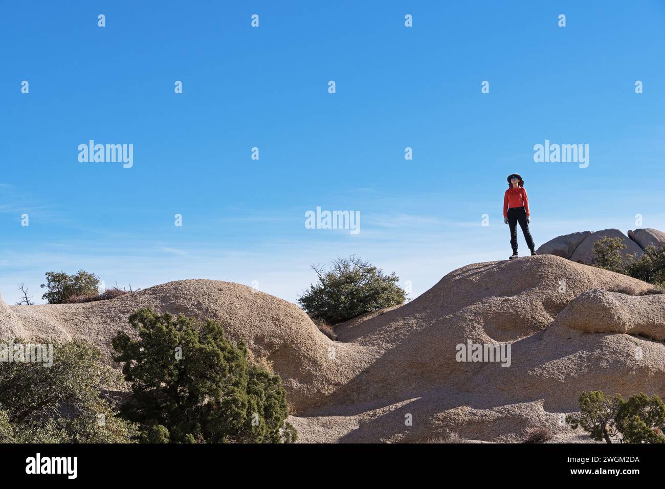 Vista distante di una donna protetta dal sole in piedi su un affioramento di granito nel deserto nel Monumento Nazionale AVI Kwa Ame Foto Stock