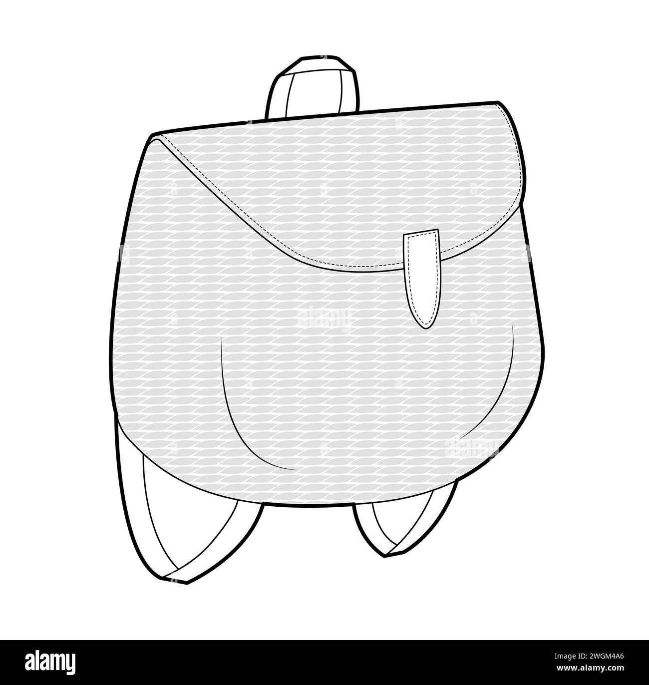 Borsa sagomata per zaino in paglia. Illustrazione tecnica degli accessori alla moda. Borsa scolastica vettoriale a 3-4° per uomo, donna, modello unisex, borsa piatta con disegno CAD isolato Illustrazione Vettoriale