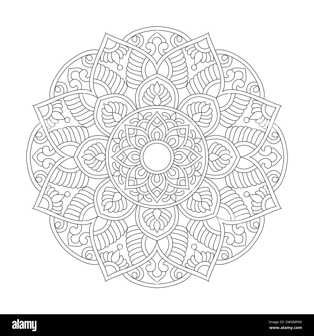 Pagina dei libri coloranti Mandala per l'interno del libro KDP con manindfulness radiale. Petali tranquilli, capacità di rilassarsi, esperienze cerebrali, paradiso armonioso, pace Illustrazione Vettoriale