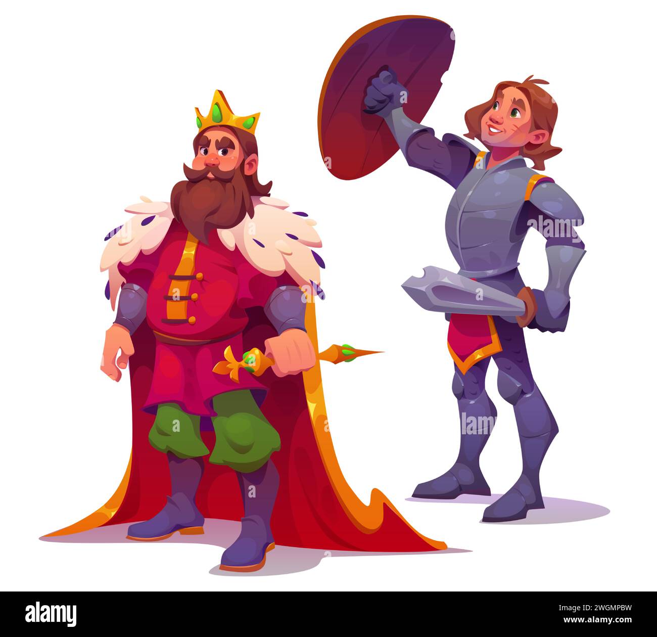 Personaggi medievali di re e cavalieri isolati su sfondo bianco. Cartone animato vettoriale che raffigura il sovrano del regno barbuto con corona d'oro e scettro, coraggioso guerriero con armatura corpo con spada e scudo Illustrazione Vettoriale Personaggi medievali di re e cavalieri isolati su sfondo bianco. Cartone animato vettoriale che raffigura il sovrano del regno barbuto con corona d'oro e scettro, coraggioso guerriero con armatura corpo con spada e scudo Illustrazione Vettoriale