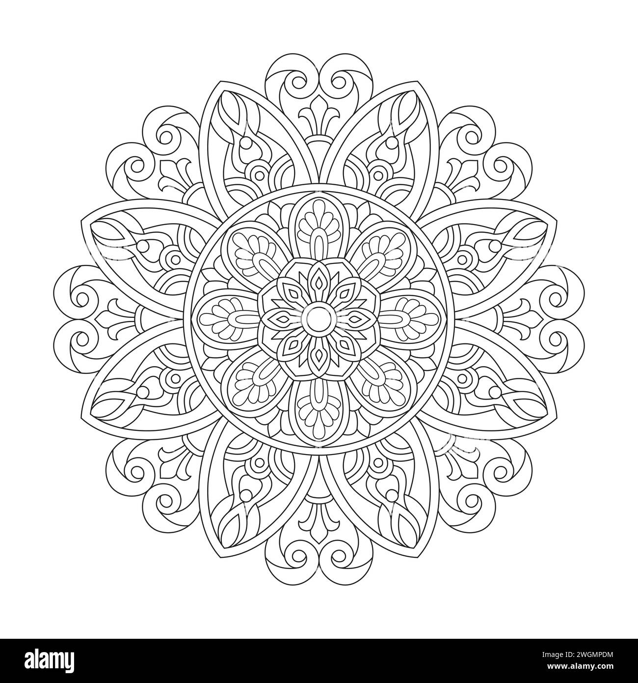 Intricata pagina di libri coloranti Mandala floreale per interno libro KDP. Petali tranquilli, capacità di rilassarsi, esperienze cerebrali, Haven armonioso, po pacifico Illustrazione Vettoriale
