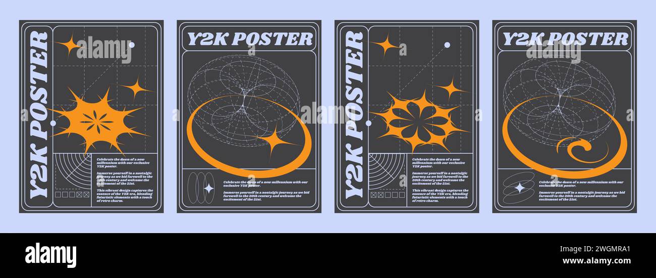 Striscioni retrò in stile futuristico con elementi di design astratti. Illustrazione vettoriale di poster estetici a onda retroattiva, toro a reticolo e cartelli arancioni su sfondo nero, modelli volantini a vibrazione y2k Illustrazione Vettoriale