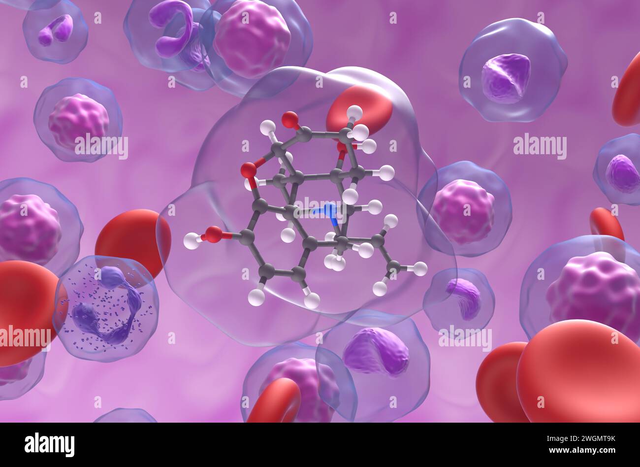 Molecola di cloridrato di naloxone nel flusso sanguigno - Vista ravvicinata illustrazione 3d. Foto Stock