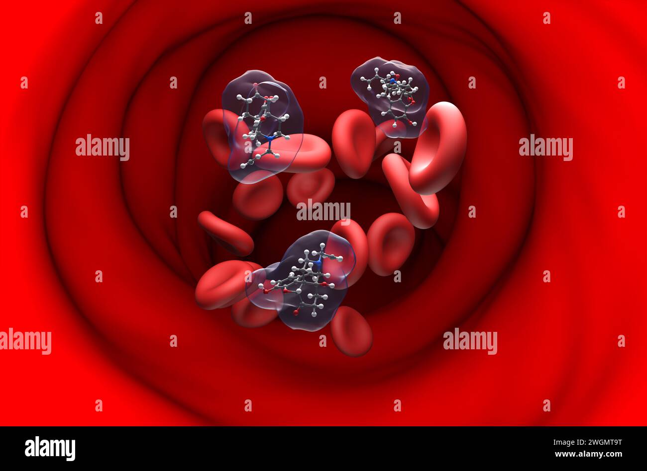 Molecola di cloridrato di naloxone nel flusso sanguigno - Vista in sezione illustrazione 3d. Foto Stock