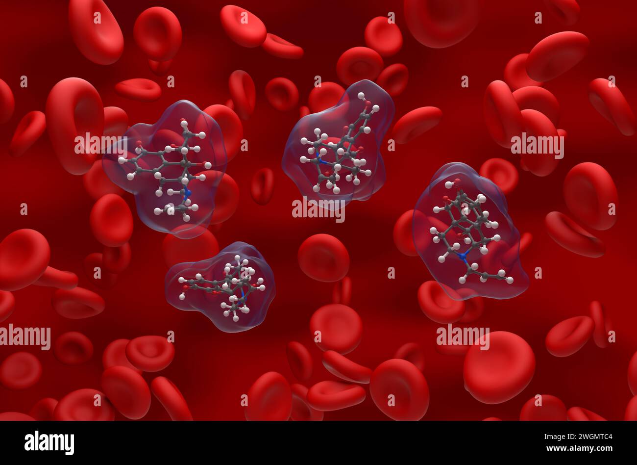 Molecola di cloridrato di naloxone nel flusso sanguigno - Vista isometrica illustrazione 3d. Foto Stock