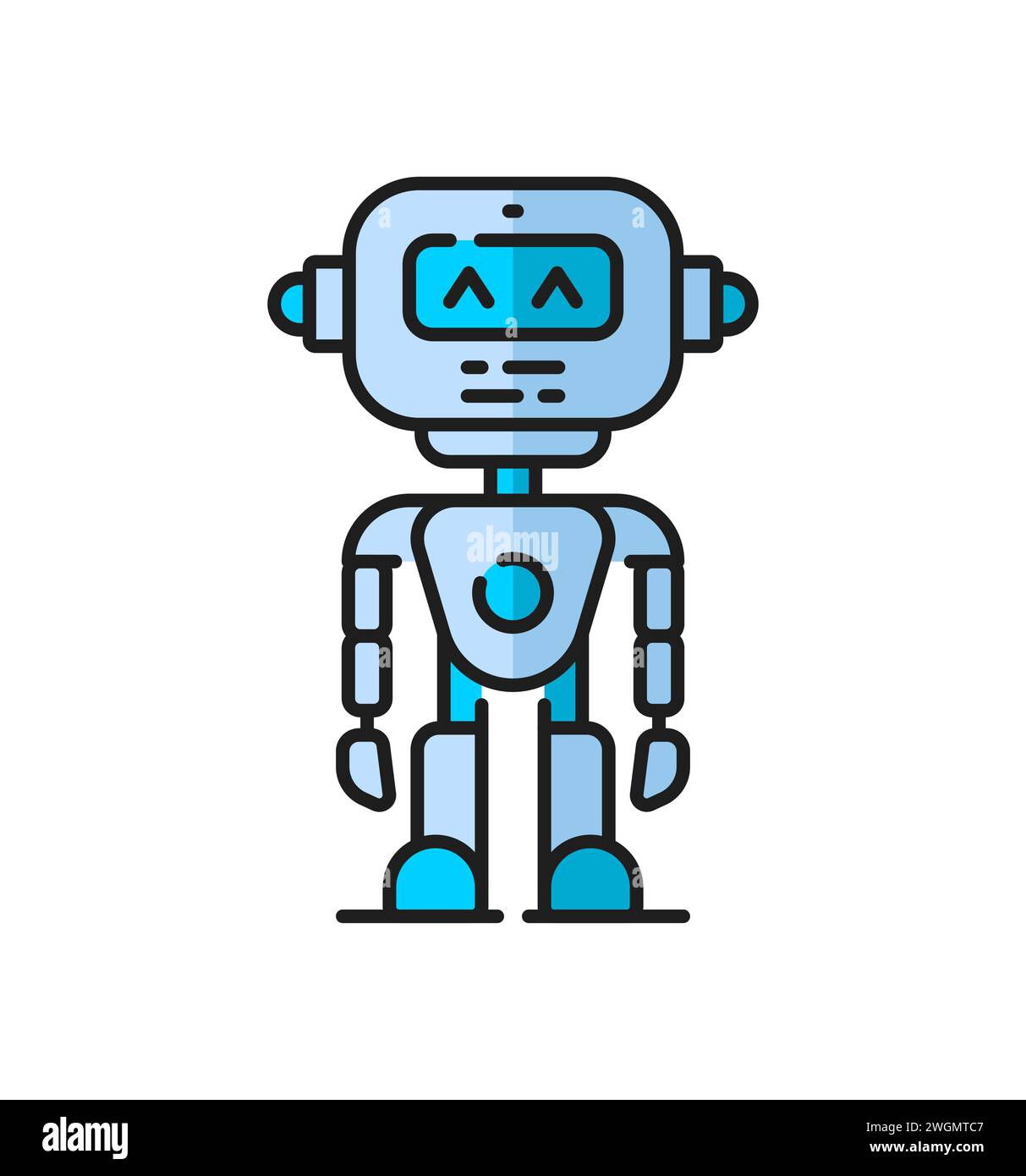 Icona della linea cromatica del cyborg robot, robot android cartoon, personaggio vettoriale. Robot retrò con bracci meccanici e display facciale nell'icona di contorno, macchina cibernetica o alieno spaziale, robot robotico ai android Illustrazione Vettoriale