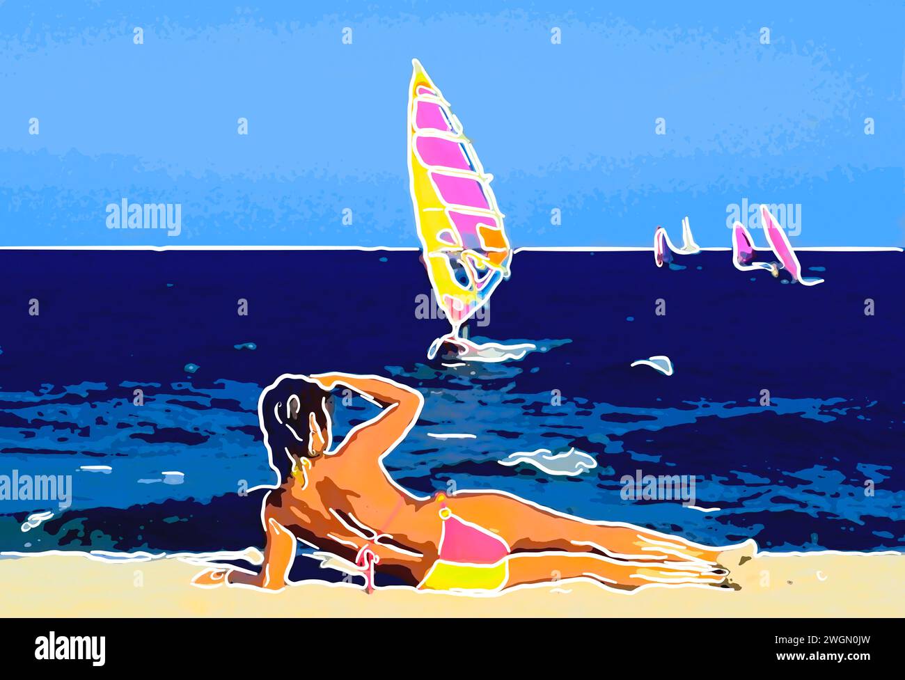 sport windsurfer capelli scuri pretty woman può scendere sulla sabbia per tornare a vedere il cielo blu della macchina fotografica e l'immagine grafica di sfondo dell'acqua di mare Foto Stock