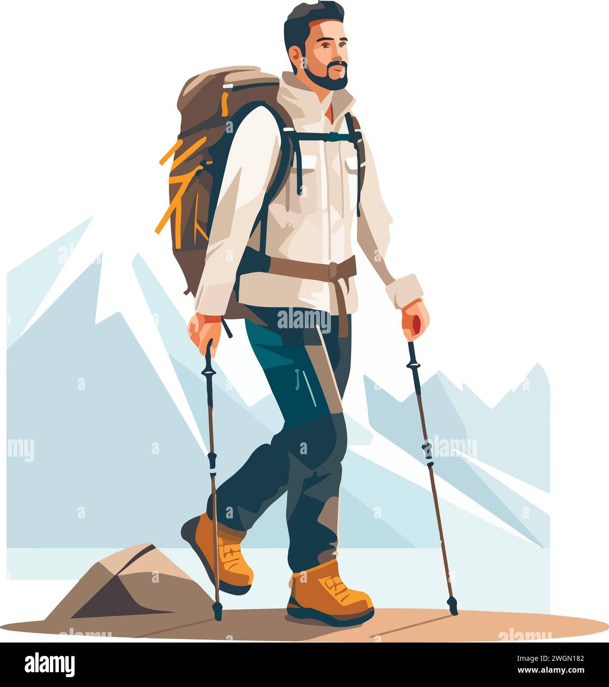 Escursionista o trekking con zaino in spalla nel paesaggio selvaggio all'aperto della foresta di montagna, illustrazione vettoriale in stile piatto Illustrazione Vettoriale