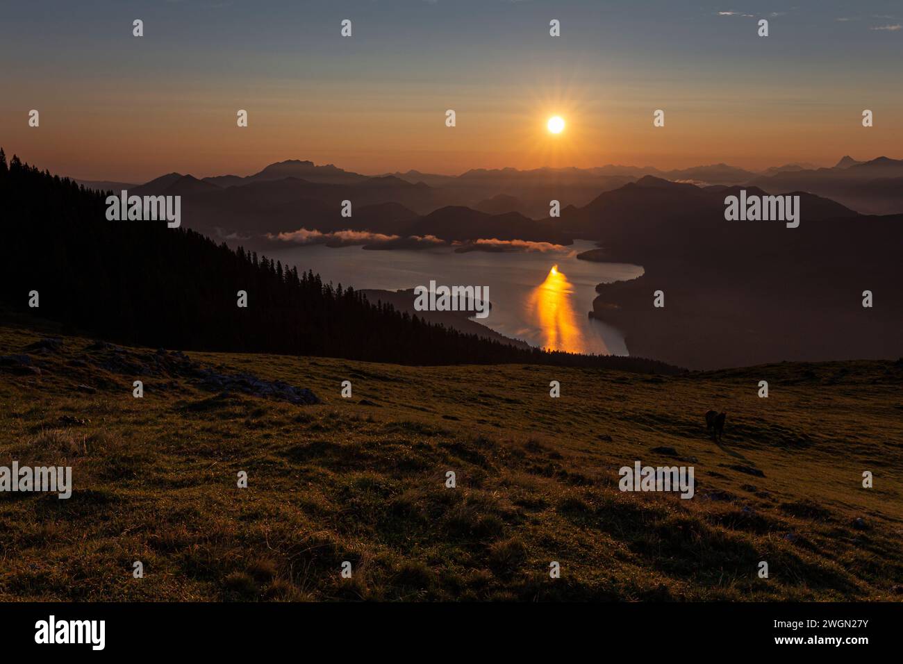 Alba sulle montagne, lago di montagna, lago Walchensee, Simetsberg, Baviera, Germania, Europa Foto Stock