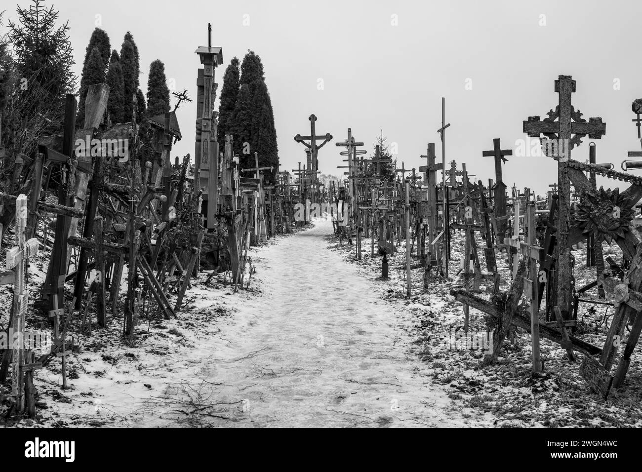 Annidato tra colline ondulate e campagna verdeggiante, la Collina delle Croci della Lituania è un luogo di pellegrinaggio e preghiera. Foto Stock