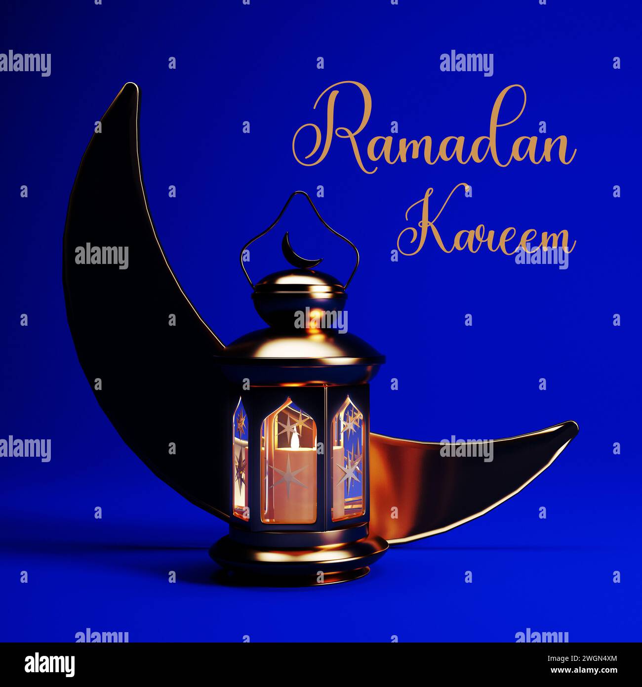 Sfondo Ramadan Kareem con lanterna dorata e luna a mezzaluna, rendering 3D. Wallpaper design Ramadan Kareem Muslim Holy Month. Foto Stock