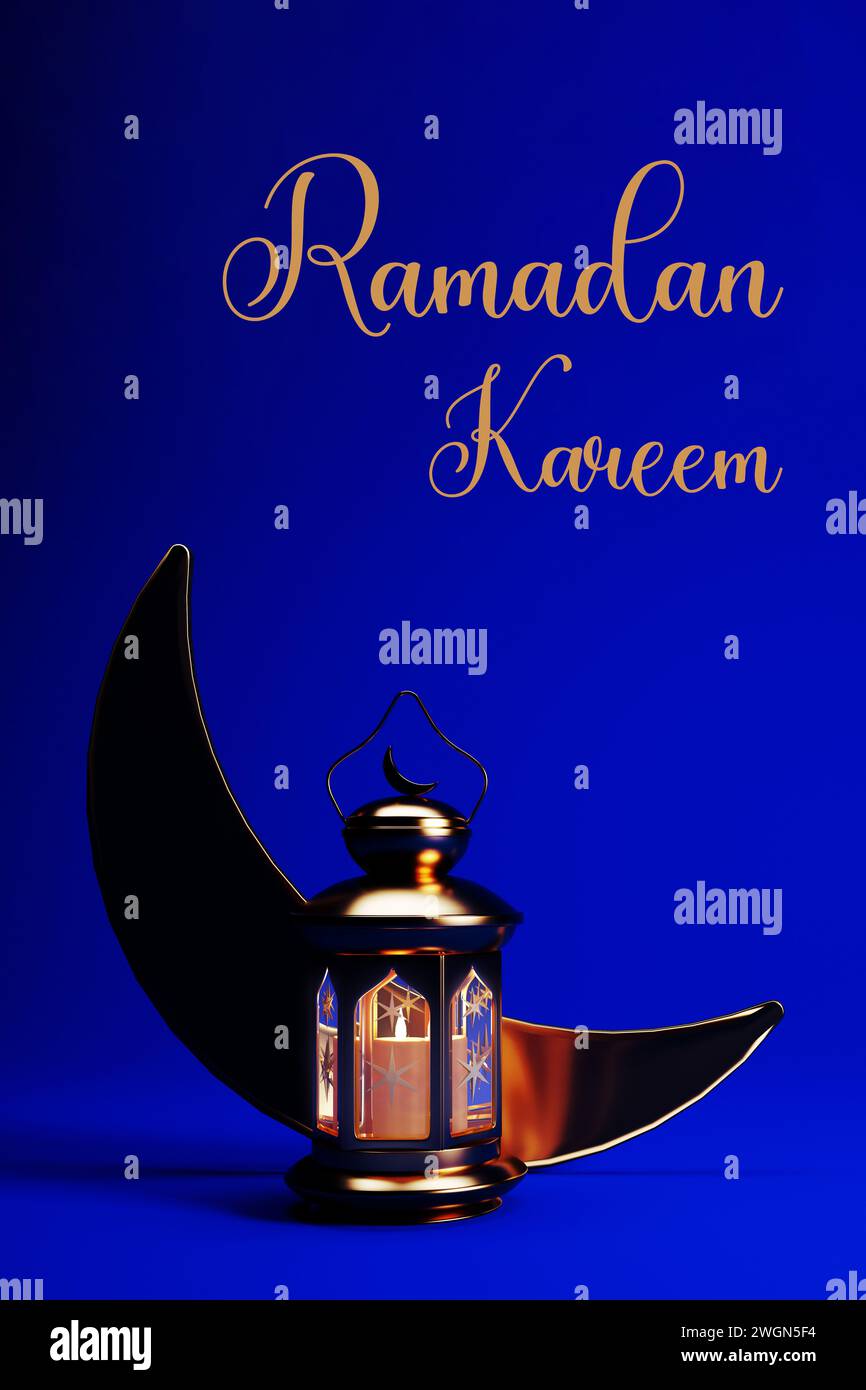 Sfondo Ramadan Kareem con lanterna dorata e luna a mezzaluna, rendering 3D. Wallpaper design Ramadan Kareem Muslim Holy Month. Foto Stock