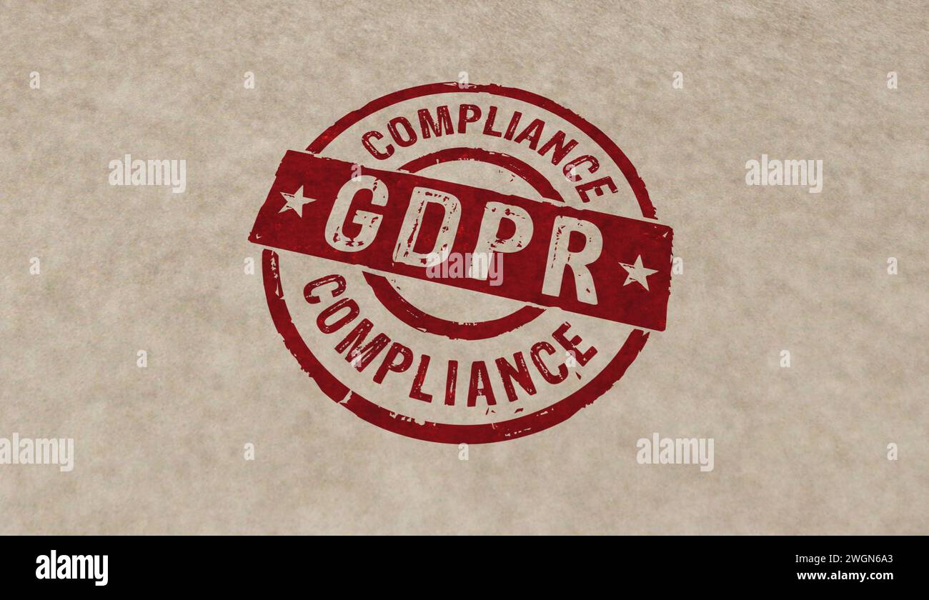 Icone del timbro di conformità GDPR in poche versioni a colori. Illustrazione del rendering 3D del concetto generale di regolazione della protezione dei dati. Foto Stock