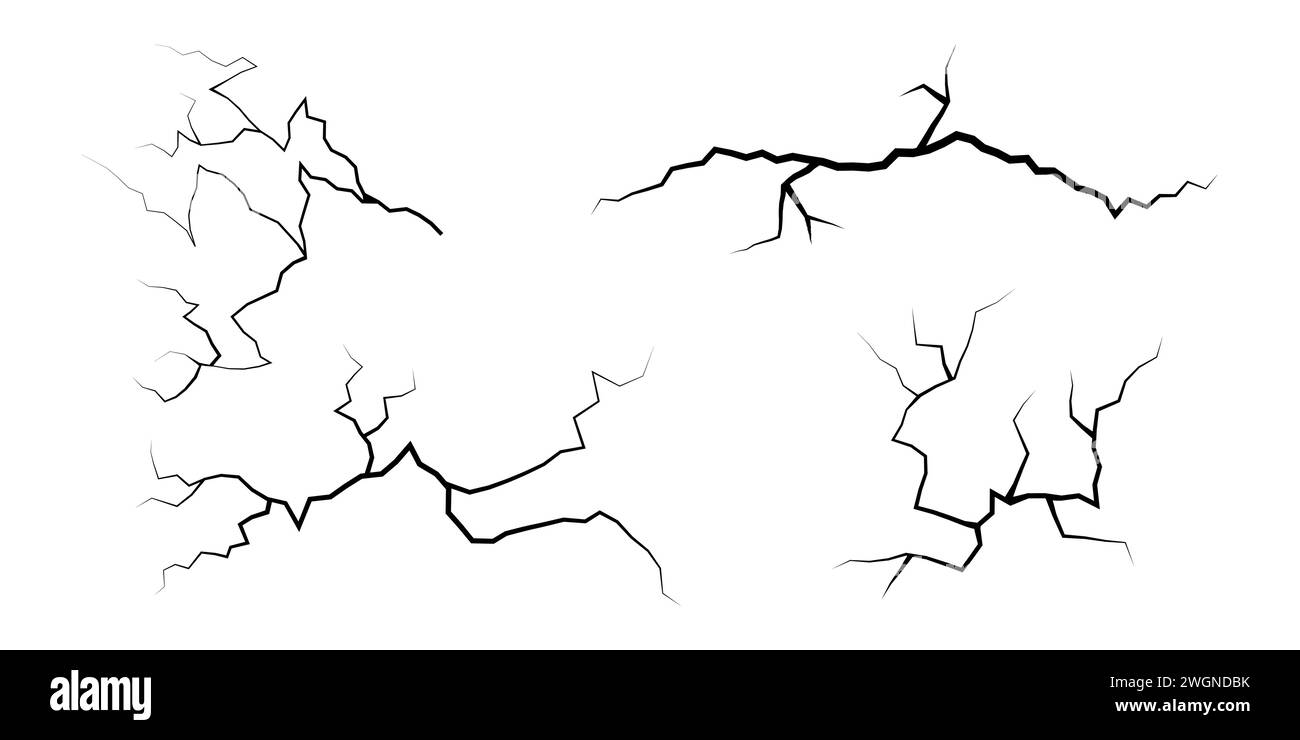 Serie di incrinature. Collezione di diversi fulmini neri. Crepa di terra. Imposta temporali e fulmini. Illustrazione vettoriale di fenomeni naturali attivata Illustrazione Vettoriale