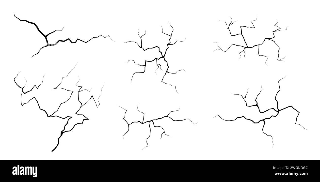 Serie di incrinature. Collezione di diversi fulmini neri. Crepa di terra. Imposta temporali e fulmini. Illustrazione vettoriale di fenomeni naturali attivata Illustrazione Vettoriale