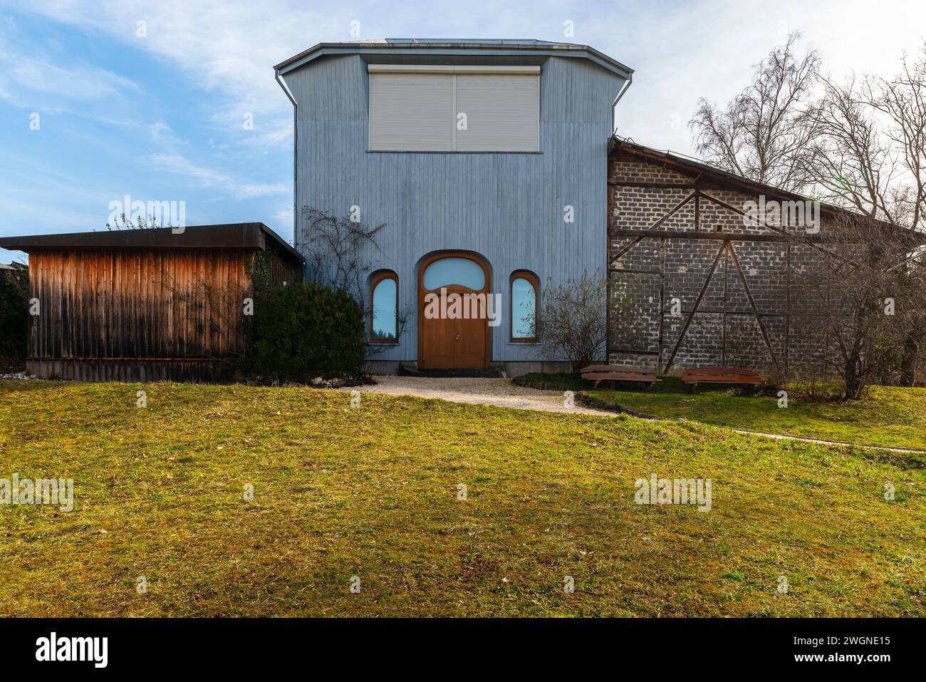 L'High Studio è uno spazio di lavoro adiacente alla Schreinerei. Il capanno del dottor Rudolf Steiner al Goetheanum, Dornach, Svizzera. Foto Stock