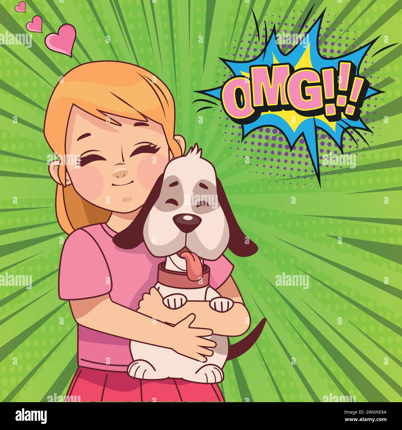 immagine vettoriale in stile pop art con ragazza e cane carini Illustrazione Vettoriale