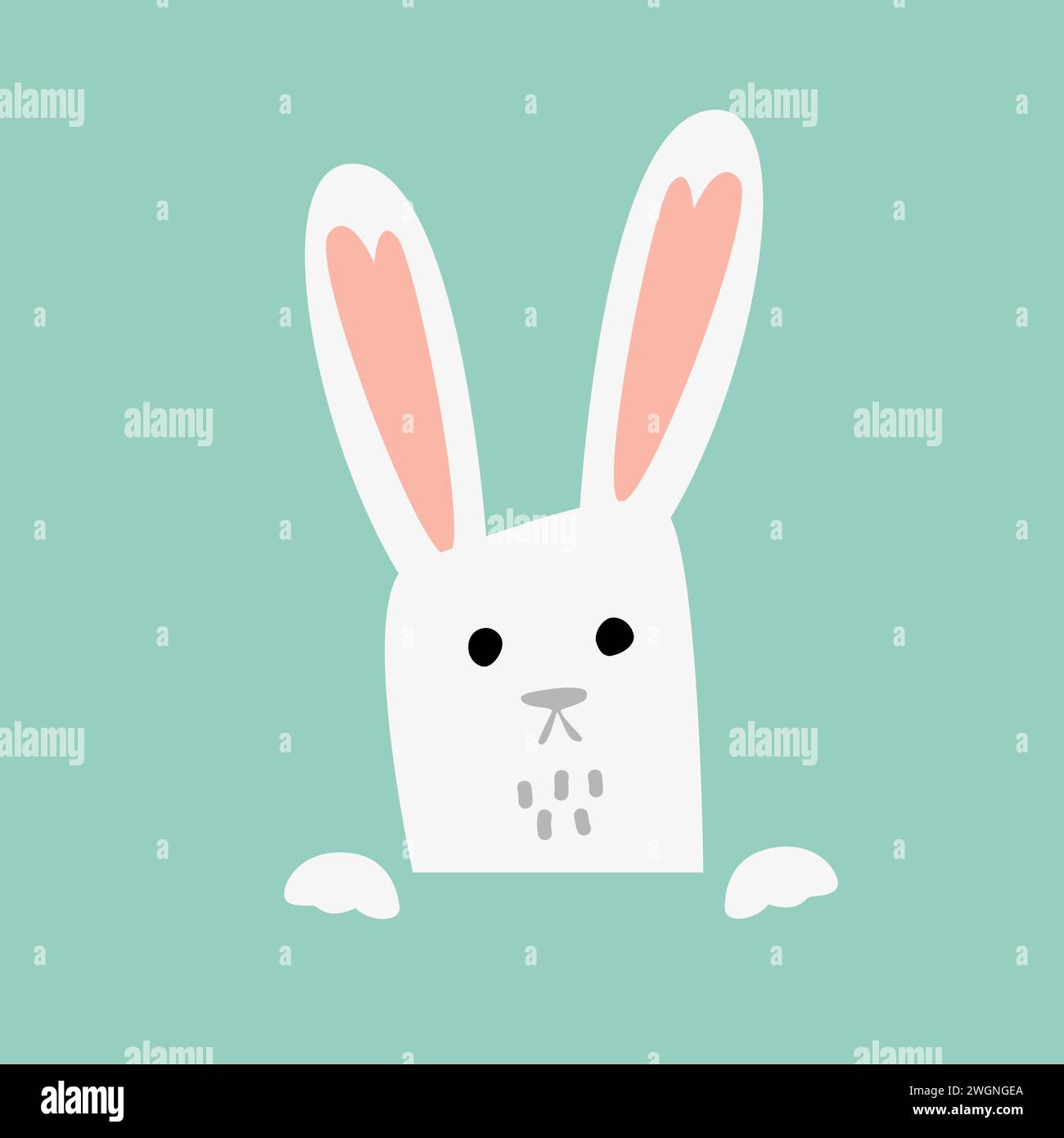 Graziosa illustrazione vettoriale del coniglietto pasquale, faccia disegnata a mano del coniglietto. Simpatico coniglio bambino che guarda con le zampe. Vettore isolato. Illustrazione Vettoriale