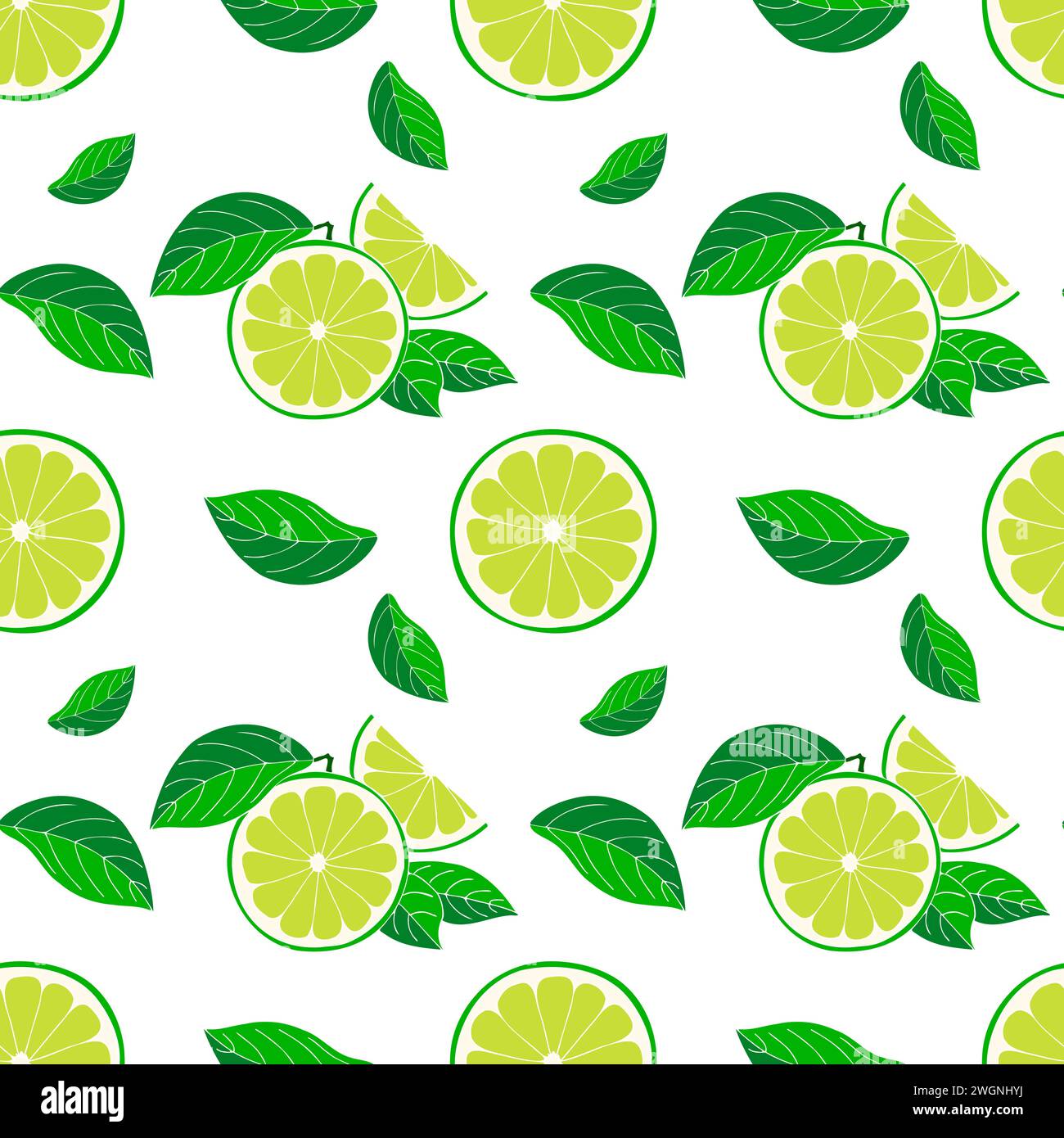 Motivo senza cuciture di lime appena tagliate e foglie verdi su sfondo bianco. Illustrazione vettoriale Illustrazione Vettoriale