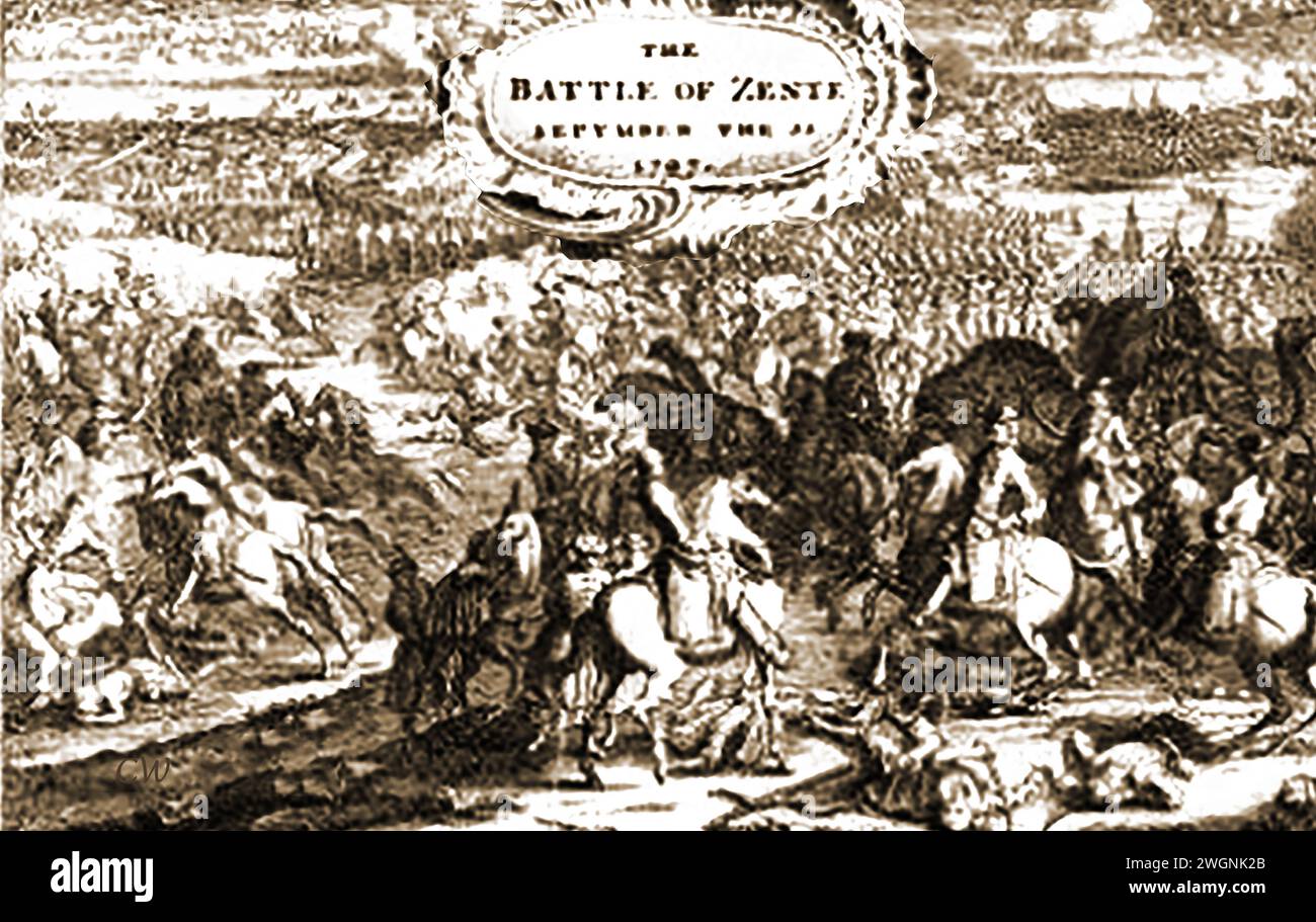 Una prima incisione che mostra la battaglia di Zenta, nota anche come battaglia di Senta. Fu combattuta l'11 settembre 1697, nei pressi di Zenta nell'allora Regno d'Ungheria, durante la grande Guerra turca. Le forze dell'impero asburgico uccisero oltre 30.000 ottomani - Egy korai metszet, amely a zentai csatát vagy a zentai csatát mutatja be. 1697, Zenta mellett, Magyar Királyság (Nagy Török Háború.) - ​ 143 / 5.000 risultati della traduzione risultato della traduzione Zenta Muharebesi, diğer adıyla Senta Muharebesi'ni gösteren eski bir gravür. 1697, Zenta yakınında, Macaristan Krallığı (Büyük Türk Savaşı.) Foto Stock