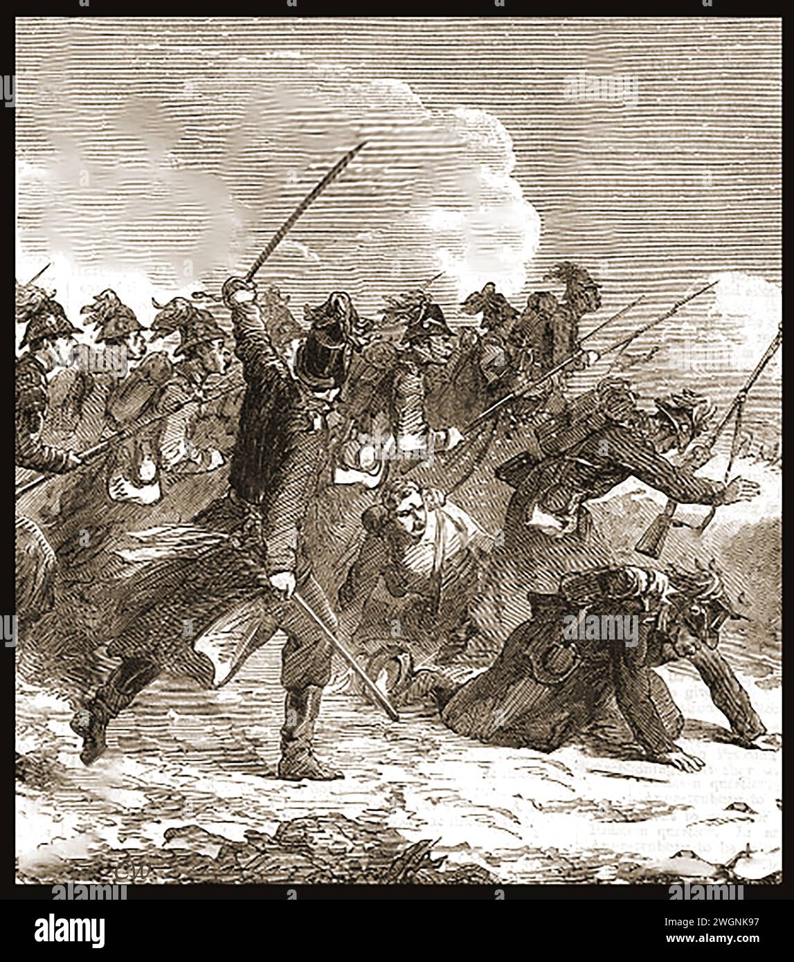 Una prima incisione che mostra la battaglia di Over-Selk, nota anche come parte della battaglia di Selk (Kongshøj - Königshügel). Il 3 febbraio 1864, pesanti battaglie in quest'area furono combattute con le truppe prussiane e austriache che avanzavano verso l'esercito danese. - EN tidlig gravering, der viser slaget ved over-Selk, også kendt som en del af Slaget ved Selk (Kongshøj – Königshügel) 1864. - Ein früher Stich, der die Schlacht bei over-Selk zeigt, auch bekannt als Teil der Schlacht bei Selk (Kongshøj – Königshügel) 1864. Foto Stock