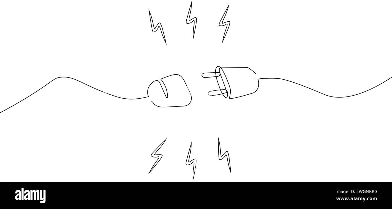 Un disegno continuo della spina da inserire nella presa elettrica. Scollegamento della presa di corrente in uno stile semplice e lineare. Illustrazione Vettoriale