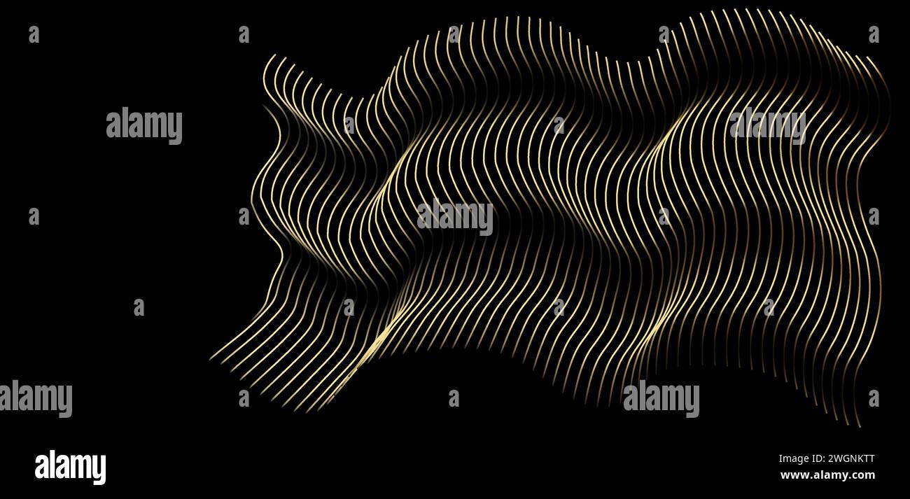 Linee d'onda vettoriale 3D pattern curva fluida luce sfumata d'oro dinamica isolata su sfondo nero Illustrazione Vettoriale