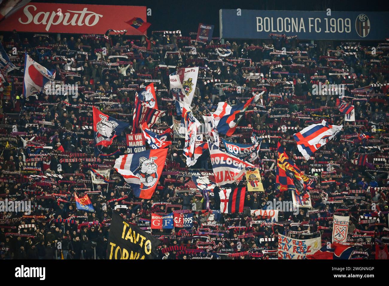 Foto massimo Paolone/LaPresse 3 febbraio 2024 - Bologna, Italia - sport, calcio - Bologna vs Sassuolo - Campionato italiano di calcio serie A TIM 2023/2024 - Stadio Renato Dall'Ara. Nella foto: i tifosi del Bologna 3 febbraio 2024 Bologna, Italia - sport, calcio - Bologna vs Sassuolo - Campionato Italiano di serie A 2023/2024 - Stadio Renato Dall'Ara. Nella foto: I fan di Bologna Foto Stock