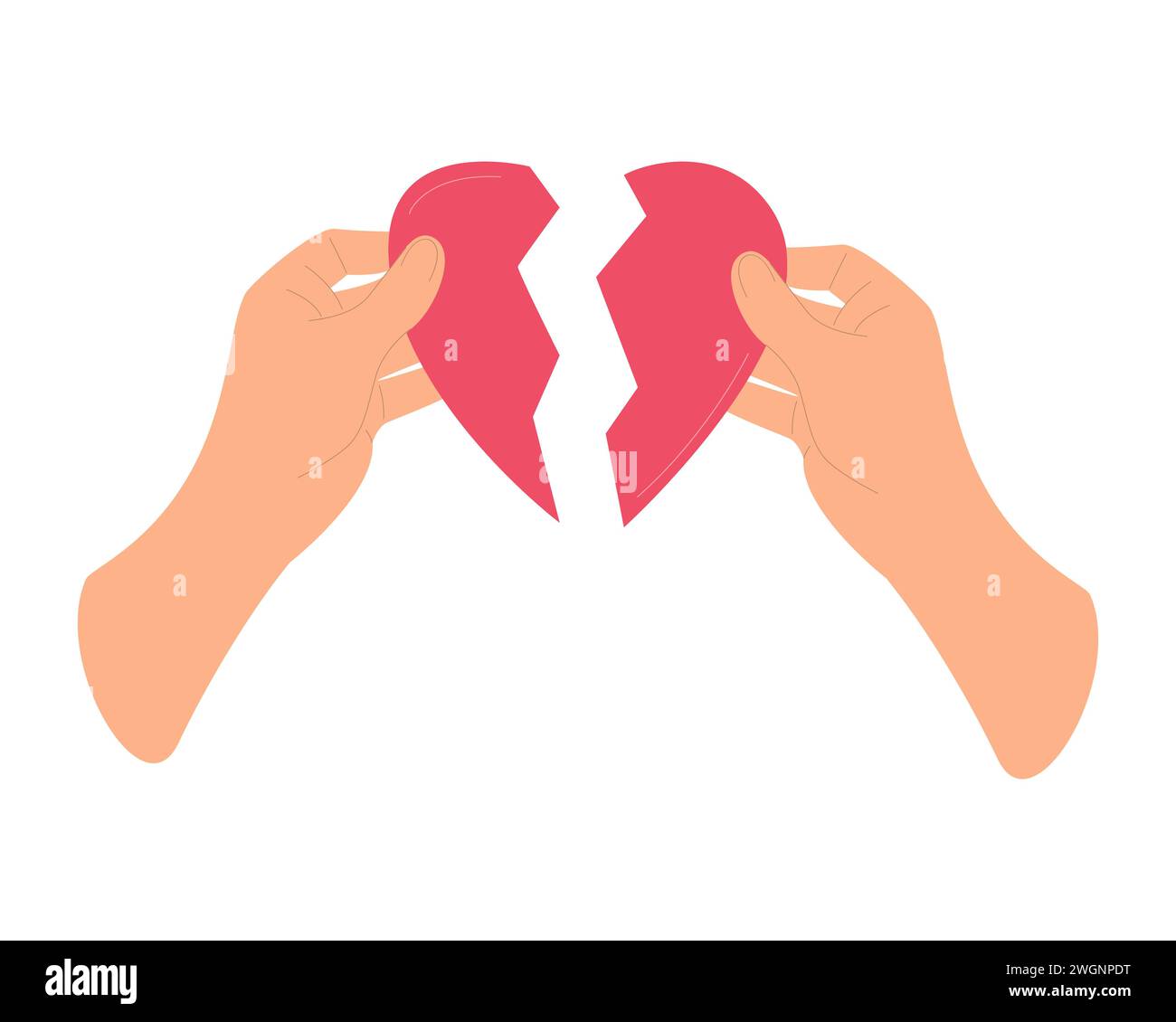 Questa illustrazione raffigura un paio di mani che tengono in mano le due metà di un cuore rosso spezzato, simboleggiando temi di rottura del cuore, separazione o pai emozionale Illustrazione Vettoriale