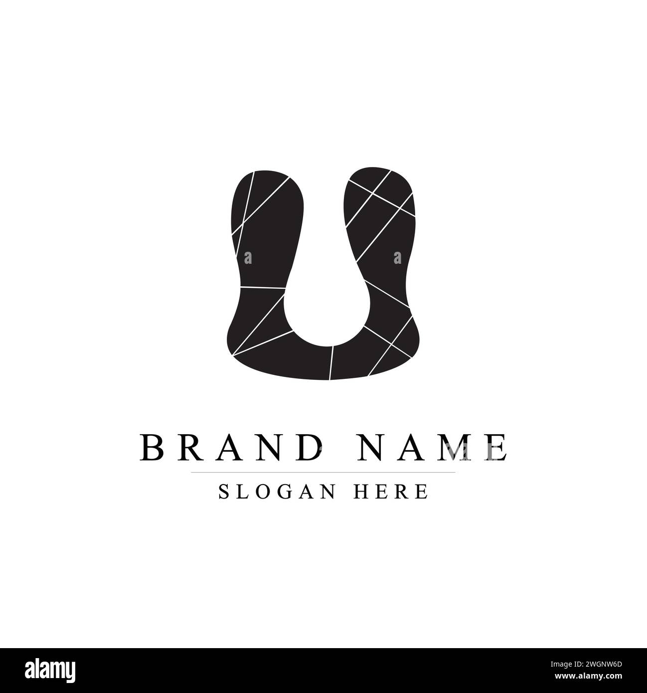 Lettera U rotta del vetro e immagine del logo vettoriale dei pezzi su sfondo bianco, pezzi rotti che formano la lettera U Illustrazione Vettoriale