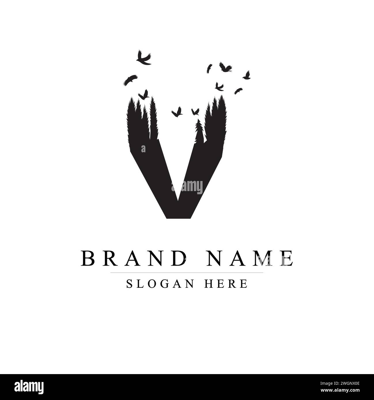 V Logo Letter with Flock of Birds Flying and DisIntegrating from the Letter, V Logo Birds in Flight, V Logo Design Vector Illustration Illustrazione Vettoriale